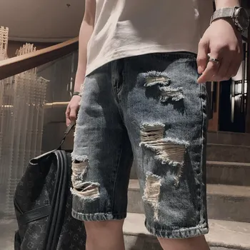 Летни скъсаните нови мъжки къси панталони, модерни ежедневни панталони с пет дупки в стил хип-хоп, свободни мъжки дънкови къси панталони
