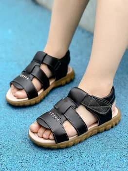 Летни удобни детски сандали от естествена кожа за момичета и момчета, плажни сандали на не-хлъзгава подметка, черно-бели обувки за деца 2023 г.