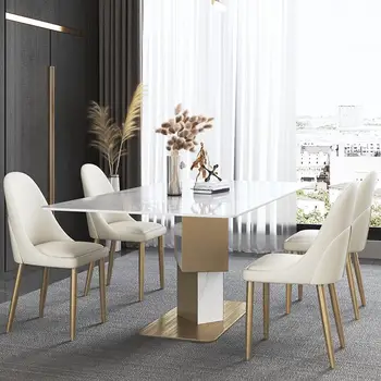 Луксозен правоъгълен мраморен кухненски плот 1.8 m от неръждаема стомана с 6 столове, Трапезарии, Ресторанная Мебел, хотелска Мебел
