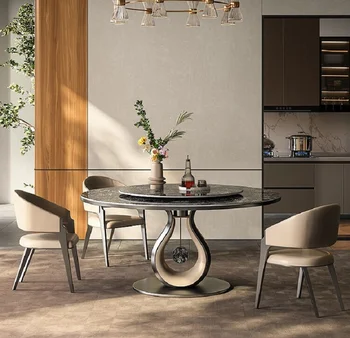 Луксозна кръгла маса за хранене е от каменни плочи от висок клас, италиански, лампа, лукс, с превръщането на масата, дизайнерски маса за хранене