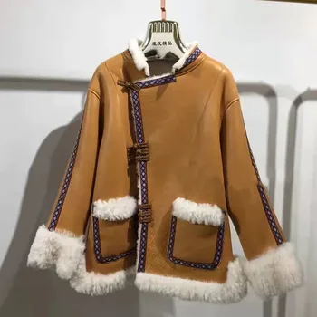 Луксозно палто, яке от естествена кожа, дамски зимни дебела топла и къси 2023, ново модно палто с покет украса