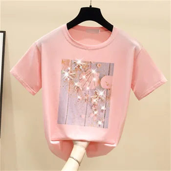 Лятна дамска розова тениска, дамски блузи, бяла тениска, дамски корейски дрехи, къс ръкав, ежедневни лилави тениски с пайети и диаманти, риза