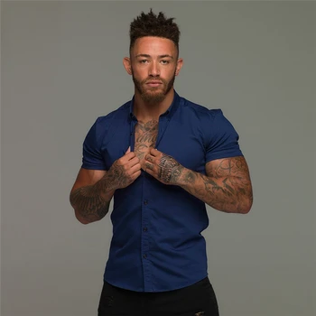 Лятна Мода риза с къс ръкав, мъжки однотонная Супертонкая мъжки социална бизнес риза, марка мъжки спортни дрехи за фитнес зала, фитнес