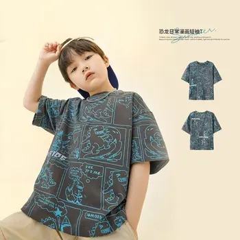 Лятна нова детски дрехи 2023 тениска за момчета или момичета, модна тениска с изображение на динозавър в стил графити, памук топ, детски дрехи