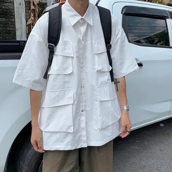 Лятна риза с къс ръкав, мъжки модни ризи оверсайз в ретро стил с множество джобове, мъжки японска градинска дрехи, свободна риза с инструменти, мъжки M-2XL