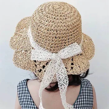 Лятната сламена шапка FOCUSNORM 3 цветове за момиченца, хубава плажна шапка с широка периферия и завързана лък