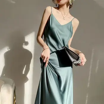 Лятото атласное секси дълга рокля, однотонное модно дамско ежедневна елегантна рокля на спагети презрамки и без ръкави, с дължина до щиколоток M322