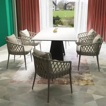 Маса и стол от алуминиева сплав в скандинавски стил за отдих на открито, градина във вътрешния двор, въженият стол, комбинация на мебели от три елемента