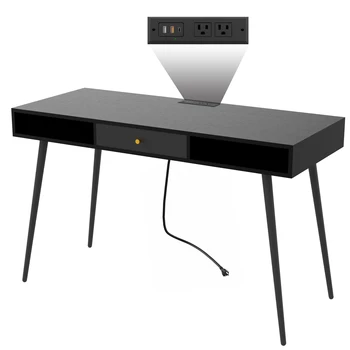 Модерен бюро с чекмеджета, мултифункционален компютърен маса за домашен офис с USB порта и жак за захранване