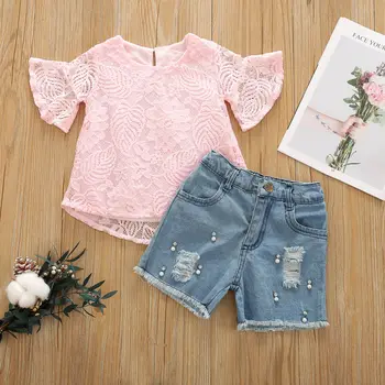 Модерен летен комплект детски дрехи за момичета, дантелени блузи с цветна бродерия и изгорени ръкави + Дрипави къси дънки с перли, детски дрехи