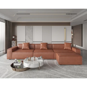 Модерен многоместный модулен диван от кафява техническа плат, подходящ за дневни, приемни, офиси и апартаменти