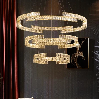 Модерен полилей за хола ново творческа кристалното пръстен луксозно led островна декоративно осветление от неръждаема стомана