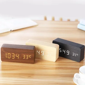 Модерна дървена digital alarm clock, led интелигентни настолни часовници с температура, електронен цифров часовник с захранван от USB/AAA за стая
