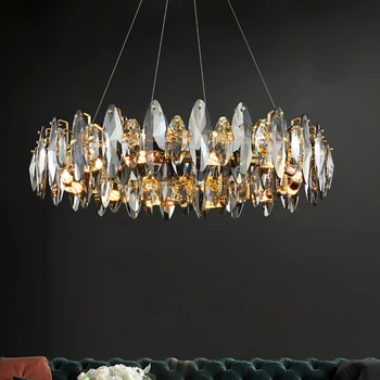 Модерна кристален полилей с кръгла форма, за всекидневната, луксозно опушен-сив кристален лампа, окачена лампа за спални, злато корпуса на лампата