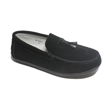 Модерни детски обувки с плоска подметка, удобни ежедневни замшевая обувки без шнур с пискюли, детски мокасини за момчета, черни лоферы, Размер 25-37