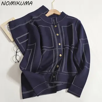 Модерни плетени комплекти Nomikuma, дамски есенни нови елегантни потници, жилетка, палто + пуловер с висока талия, поли-двойка 2023, костюми от две части