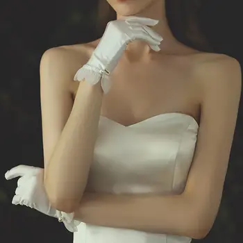 Модни Сватбени ръкавици Ръкавици шаферка с пълни пръсти, сватбени ръкавици булката, къси сатенени ръкавици за маскарадного костюм за бала на операта