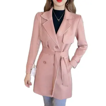 Модно бархатное палто от еленова кожа кожа, дамски кожени облекла, елегантна пролет-есен яке със средна дължина, ветровка с колан 2023