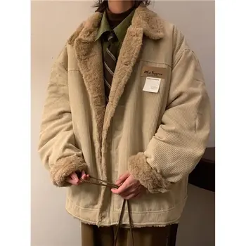 Мъжки вельветовая памучен яке, ново, зимно-пролетното палто, студент палто от овча една плюшена подплата, уличен лагер, спортно флисовое палто за пътуване