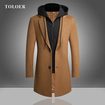 Мъжки вълнени палто с качулка, бизнес палто, зимно утолщенное топло ветрозащитное мъжко палто, вълнена, тънка дълга ежедневни мъжки дрехи, новост 2023 година