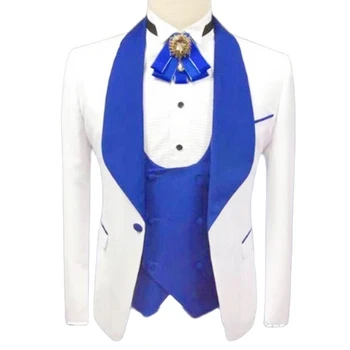 Мъжки костюм, комплект от 3 теми, бяла шал копчета, царски син шал с ревери, смокинги булката за сватбата, бала, блейзър за кума с панталони
