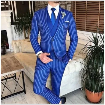 Мъжки костюми в тънка ивица на Кралския син цвят, Оборудвана Комплект от 3 теми, Смокинги за младоженеца, Блейзър с остри ревери, за Бала, Мъжки костюм (яке + Панталон + Елек)