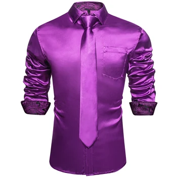 Мъжки лилави сатенени ризи лукс, коприна, гладка повърхност, смокинг за сватбени партита, риза за бала, отгоре с дълъг ръкав, мъжки ежедневни плат