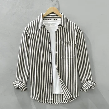 Мъжки Ризи с райе в стил ретро, ежедневни блузи с дълъг ръкав, мъжки риза с отложным яка от чист памук, дрехи копчета