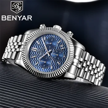 Мъжки ръчен часовник BENYAR, хронограф, дата, спортни, сапфирен кристал, най-добрата марка, луксозни сини часовник, кварцов мъжки часовник от неръждаема стомана S001