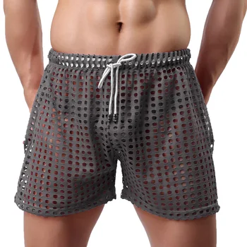 Мъжки сексуални боксови шорти с голяма мрежа, мъжки къси панталони за почивка, битови прозрачна мрежа, настолни шорти