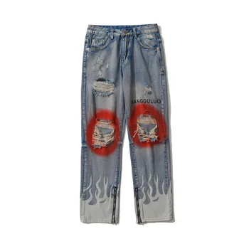 Мъжки скъсани дънки с боя на улицата, мъжки модерни панталони в стил хип-хоп, огнени скъсяване на панталони с прав штанинами, дънки
