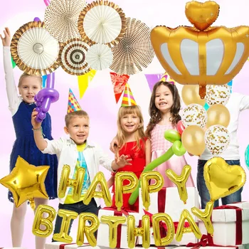 Нов набор от балони честит рожден Ден, Златна корона, алуминиево фолио, балон, на хартиен фен с цветя, украса за парти по случай рожден ден, Стоки за деца и възрастни