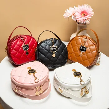 Нови кръгли дамски чанти с отложено във формата на коте, луксозни чанти през рамо, дизайнерски однотонная чанта през рамо, ретро чанти с цип