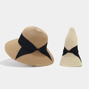 Нови Сгъваеми класически сламени шапки с лък черна лента за жени и момичета, летни панама с широка периферия, улични плажни очила, шапка за подарък
