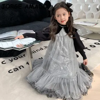 Ново есен принцеса рокля на русалка с кръгла яка и дълги ръкави в стил мозайка за момичета, цвят черен, сив, с пайети, детски дрехи E2375