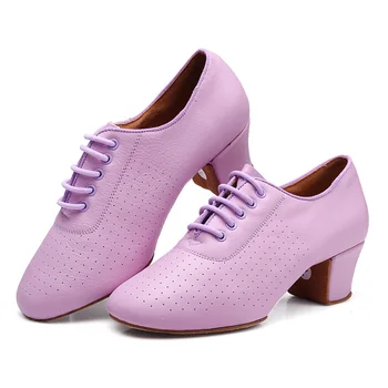 Ново записване, женски обувки за латино танци от телешка кожа на висок ток 5 см, обувки за танци балната зала, оранжева, розова, лилава обувки за момичета