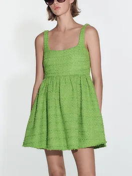 Новост в рокли, 2023, модерни къси рокли от средни видоизменен твида с квадратна деколте и каишка без ръкав, зелена ежедневна лятна рокля, дамски дрехи