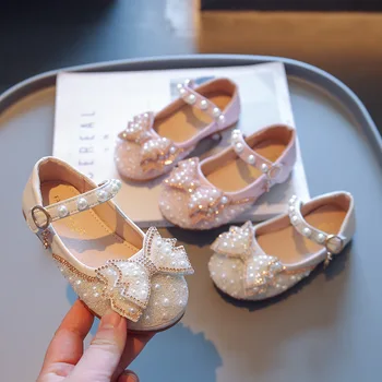 Обувки с кристали и лък за момичета, нескользящие фини обувки с мека подметка 2023, пролетно-летни модни корея, ежедневни обувки на принцесата