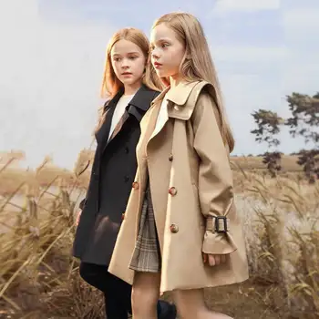 От 3 до 14 години, пролетно-есенна ветровка за момичета, тренч, ветрозащитная бебешко яке със средна дължина, палта за момичета, палто