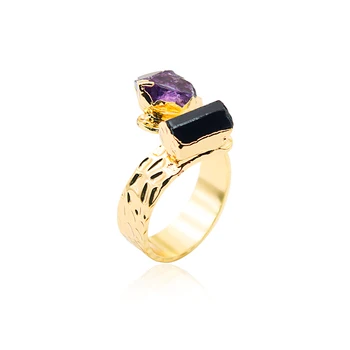 Отворен пръстен с нередовни суровини камък за жени и момичета, аметист златен цвят, черен турмалин, бижута за пръстите, променящи се размери