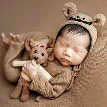 Отстъпка 3 бр./компл. аксесоари за фотография, Дрехи за новородени момчета, вязаная в памучна ШАПЧИЦА С маймунката, кукла-мишка, детски дрехи