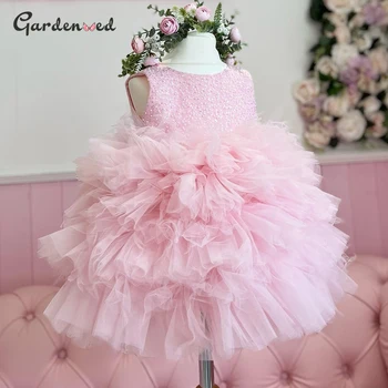 Пищни рокли за малки момичета, розови многопластови рокли с цветя модел за момичета, сладка рокля на принцеса за момиченца, дрехи за сватбената парти за момичета, детски рокли