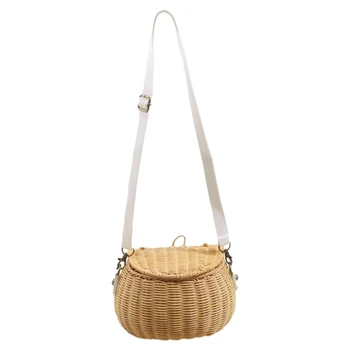 Плажна сламена чанта дамски бамбук чанта за количка на рамо с дълга каишка