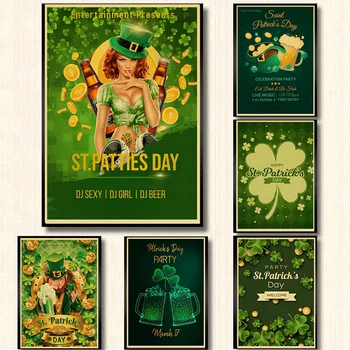 Плакат за Деня на Св. Патрик, Ретро арт декор от крафт-хартия, ирландско зелено Бира Лъки Shamlock, златни монети, колекция от Снимки на партита