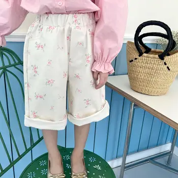 Пролет-есен облекло за момичета, корейски детски памучни панталони с фрагменти, пасторални капри за почивка момичета, детски дрехи, спортни панталони