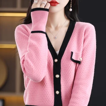 Пролетно-есенен нов пуловер дама Xiaoxiangfeng с дълъг ръкав, жилетка от 100% чиста вълна, корейски пуловер с V-образно деколте, вълна палто