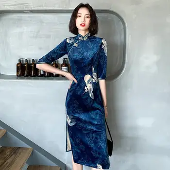 Пролетно-лятно бархатное рокля с цепка в китайски стил с принтом журавля в ретро стил, за младите жени, секси рокля midi подобрена форма, Рокли Qipao