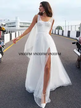 Просто сватбена рокля без ръкави в стил бохо, сетчатое рокля с перли, на разреза отстрани, винтажное рокля на булката, плажна дълга сватбена рокля