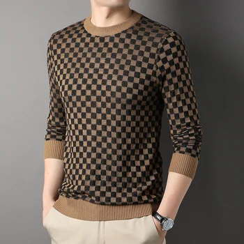 Първокласен нов модерен брендовый вязаный луксозен пуловер с кръгло деколте, модерен мъжки дизайнерски жилетка, корейски кариран пуловер, ежедневни мъжки дрехи