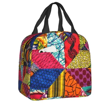 Пъстра африканска изолирано чанта за обяд от Анкара за пикник на открито, Африкански племенни геометричен термоохладитель, обяд-бокс за жени и деца